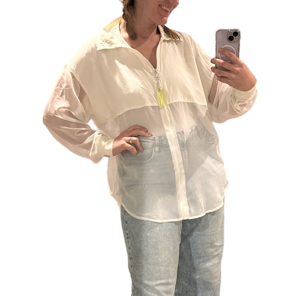 Vintage 80s Tanzania off white sheer blouse zip up long sleeve large